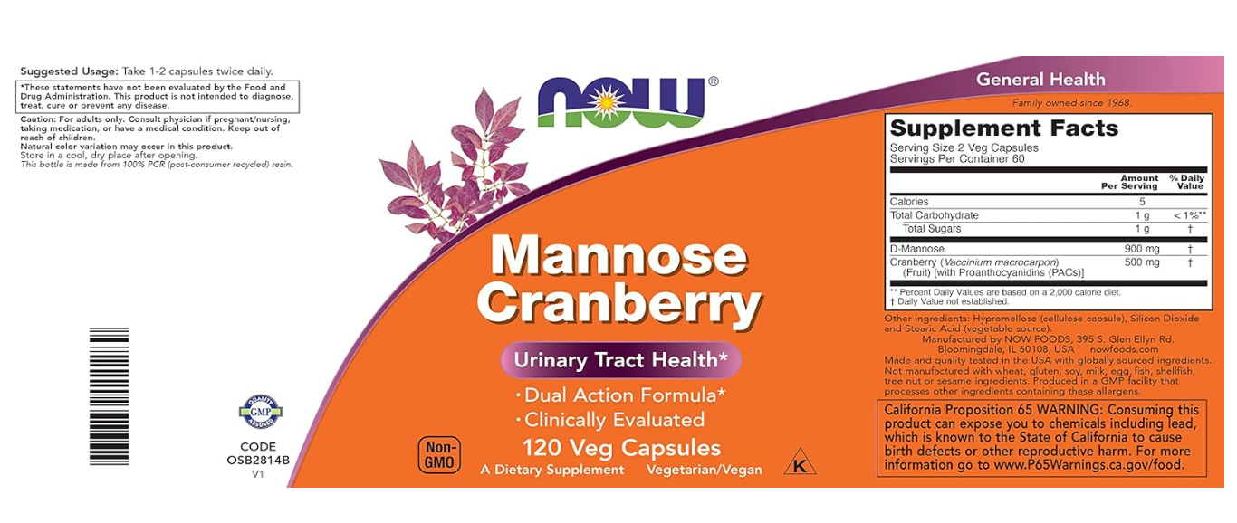 Vitamina Mannose 450mg -  Cranberry 250mg ,  120 capsulas - Now