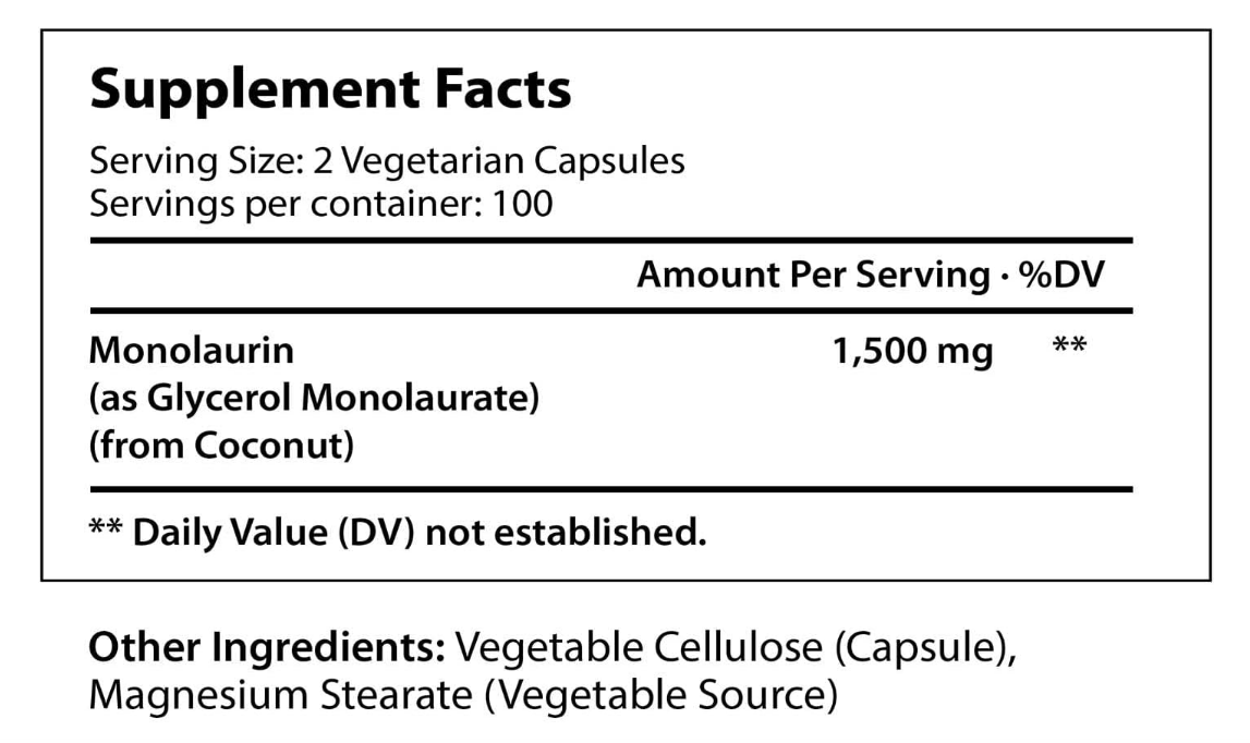 Longlifenutri , vitamina monolaurina de 1500 mg - 200 cápsulas vegetarianas