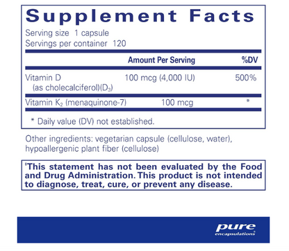 Pure Encapsulations Vitamina D3 y K2(4000IU- 100MCG), 120 capsulas