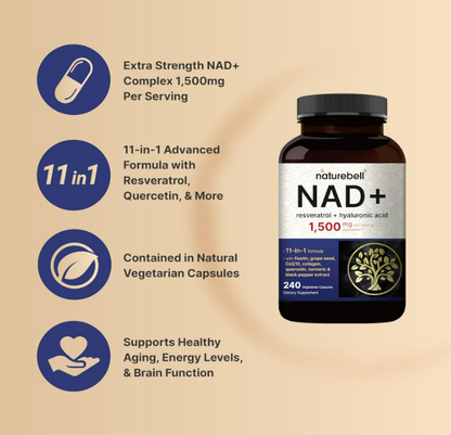 Naturebell , NAD+ resveratrol + acido hialuronico 1,500mg  , 11 in-1 - 240 capsulas vegetarianas