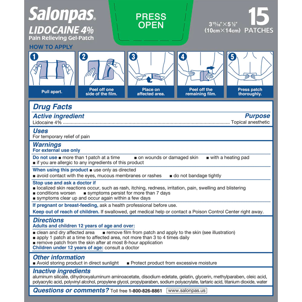 Parches de Lidocaina 4% para aliviar el dolor Salonpas - 15 parches