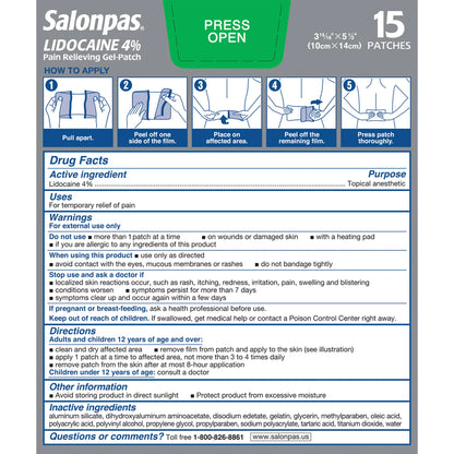 Parches de Lidocaina 4% para aliviar el dolor Salonpas - 15 parches