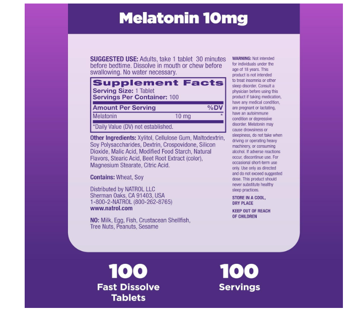 MELATONINA 10MG 100 TABLETAS , SABOR CITRUS  - NATROL - FAST DISSOLVE