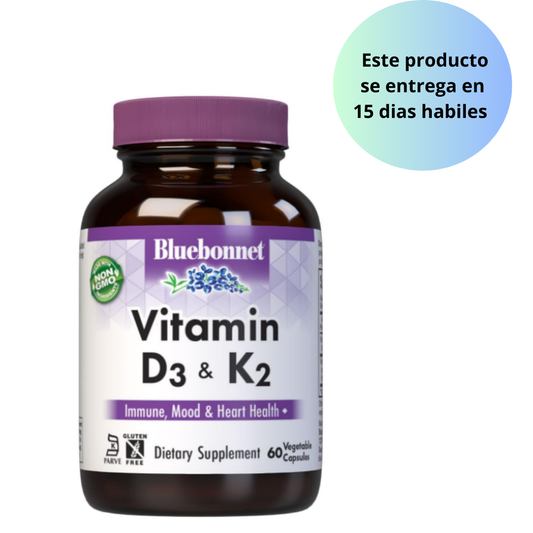 BlueBonnet - Vitamina D3 y K2 , 60 capsulas vegetables