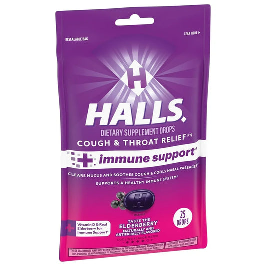 HALLS Immune support , alivio de tos 25 caramelos - Sabor sauco