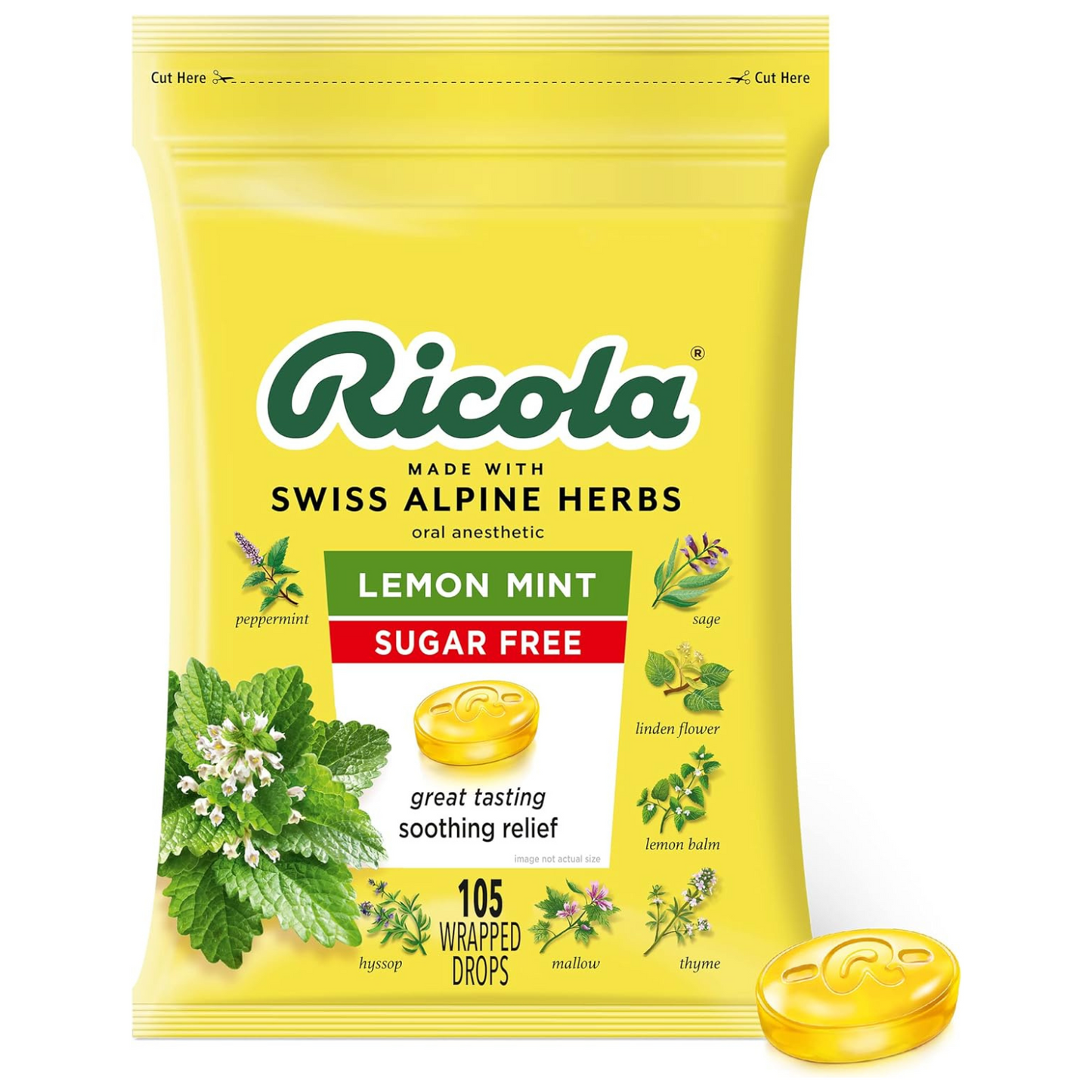 Ricola Gotas supresoras de la tos de hierbas sin azúcar y menta y limón, bolsa de 105 unidades