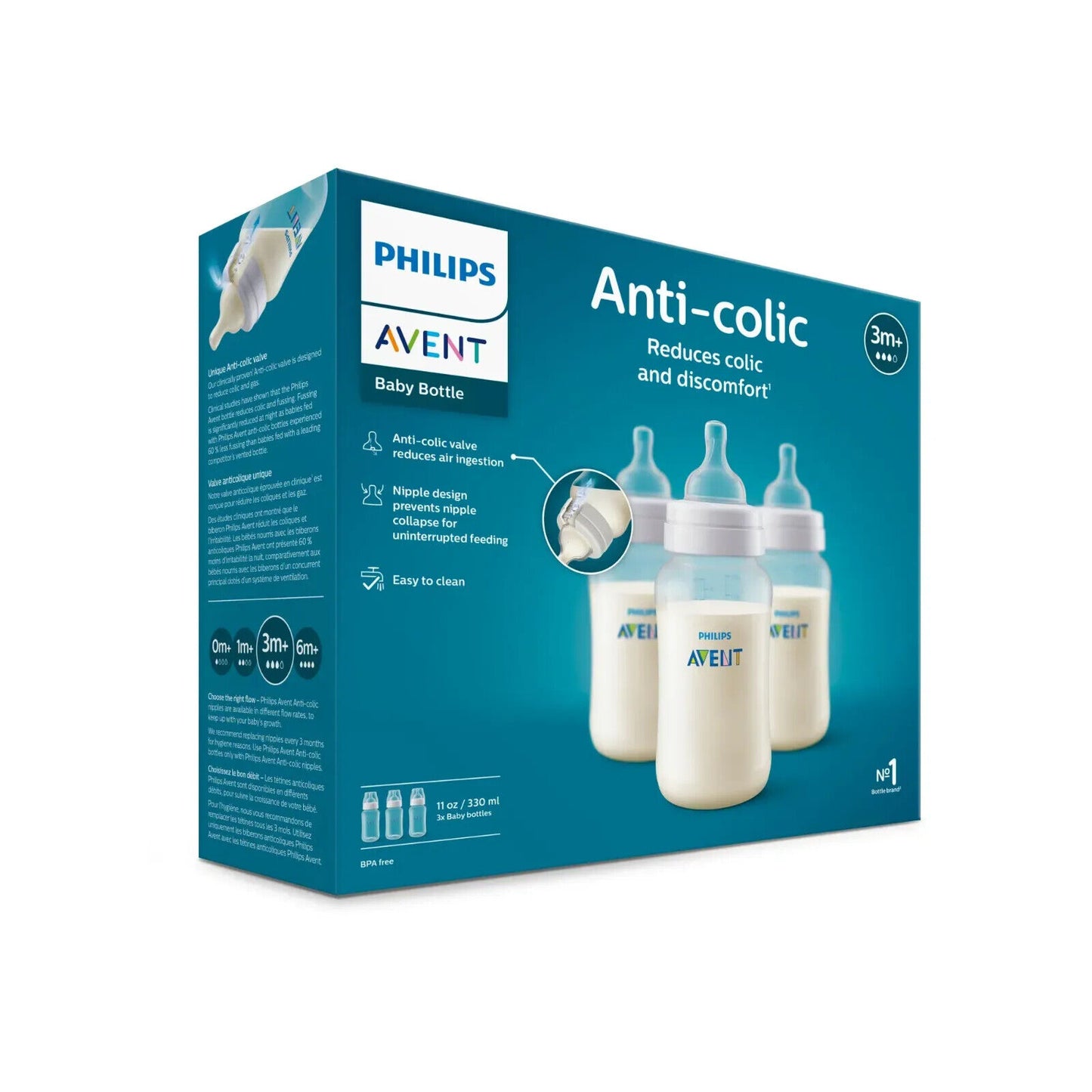 Paquete de 3 biberones anticólicos Philips AVENT, 330ml 3 meses a +