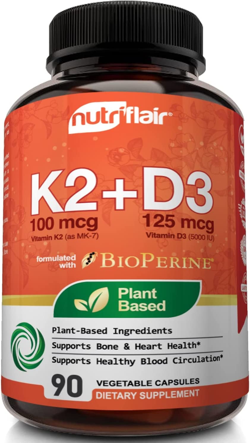 NutriFlair Vitamina K2 a base de plantas (como Mk7) con vitaminas D3 (5000iu/125mcg) más bioperina, 90 cápsulas