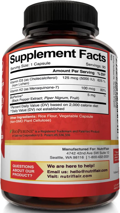 NutriFlair Vitamina K2 a base de plantas (como Mk7) con vitaminas D3 (5000iu/125mcg) más bioperina, 90 cápsulas