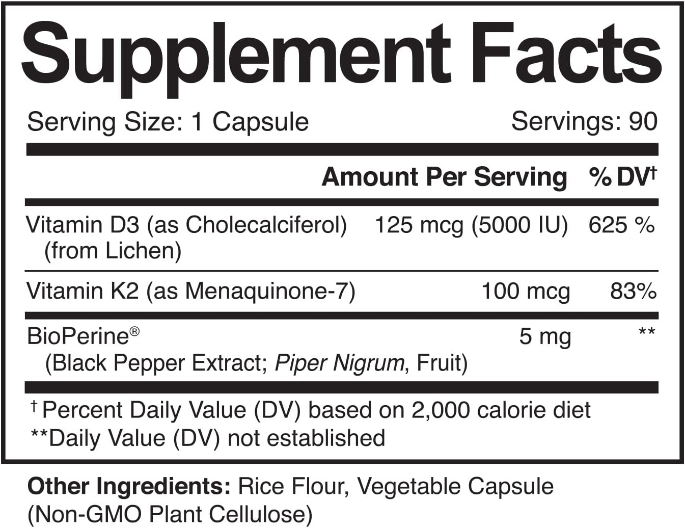 NutriFlair Vitamina K2 a base de plantas (como Mk7) con vitaminas D3 (5000iu/125mcg) más bioperina, 90 cápsulas