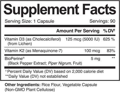 NutriFlair Vitamina K2 a base de plantas (como Mk7) con vitaminas D3 (5000iu/125mcg) más bioperina, 90 cápsulas