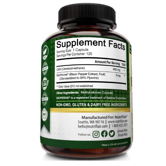 DIM  NutriFlair  400 mg con bioperina, 120 cápsulas